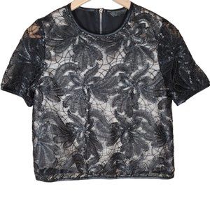 TOV Cropped Boxy Shirt Faux Leather Embellished Layered Clubbing Party Sz. 38